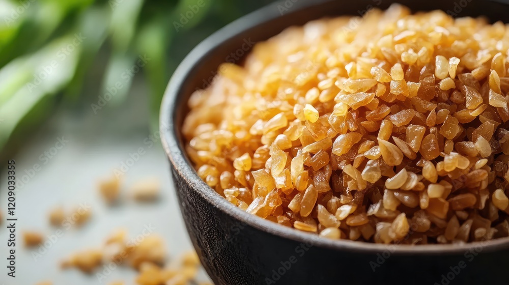 Close-up view of raw bulgur wheat in a dark bowl showcasing golden grains with a blurred green backdrop for a natural food composition. Close-up view of raw bulgur wheat in a dark bowl showcasing golden grains with a blurred green backdrop for a natural food composition.