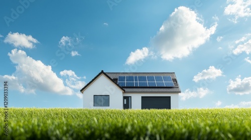 Wallpaper Mural Modern Eco-Friendly Home with Solar Panels Surrounded by Lush Green Grass Under a Bright Blue Sky with Fluffy White Clouds Perfect for Sustainable Living and Energy Efficiency Themes Torontodigital.ca
