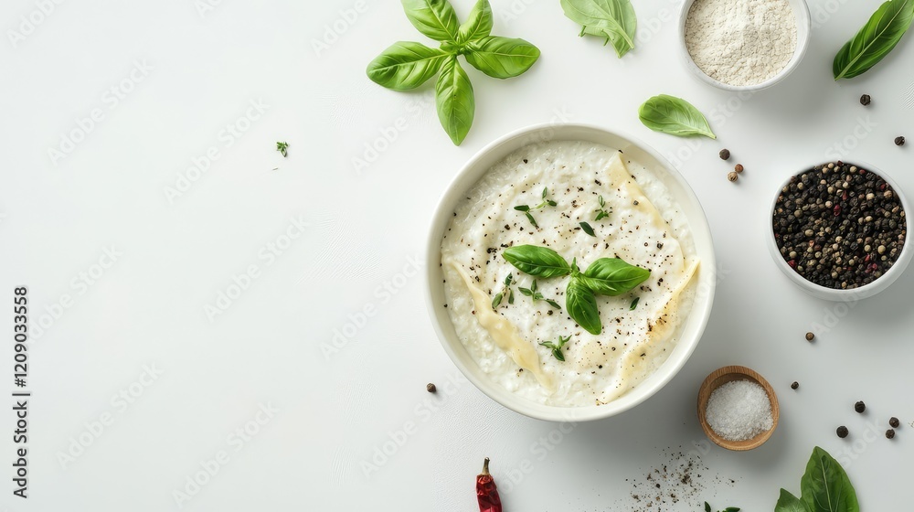 Creamy ravioli pasta garnished with fresh basil and thyme, surrounded by spices and herbs on a light background, elegant culinary presentation. Creamy ravioli pasta garnished with fresh basil and thyme, surrounded by spices and herbs on a light background, elegant culinary presentation.