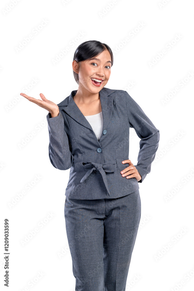 Portrait of an Asian businesswoman standing with open palm hand gesture isolated over a white background. Copy space. Concept of business, entrepreneur, and successful Portrait of an Asian businesswoman standing with open palm hand gesture isolated over a white background. Copy space. Concept of business, entrepreneur, and successful