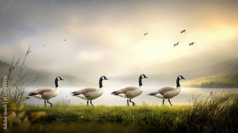 A group of geese walking along a grassy riverbank on a cloudy day. A group of geese walking along a grassy riverbank on a cloudy day.