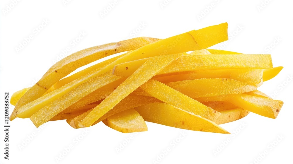 Sliced raw potato strips ready for frying on a clean white background ideal for culinary and food preparation concepts Sliced raw potato strips ready for frying on a clean white background ideal for culinary and food preparation concepts