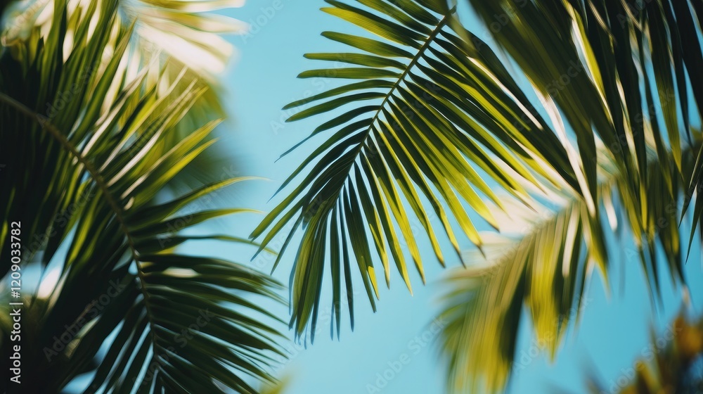 Lush green fan palm leaves against a clear blue sky creating a serene tropical jungle atmosphere in a closeup macro shot.
