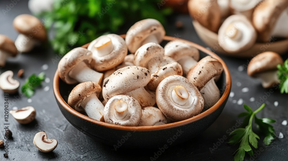 Fresh raw mushrooms in a bowl ready for cooking with herbs and spices on a rustic kitchen countertop Fresh raw mushrooms in a bowl ready for cooking with herbs and spices on a rustic kitchen countertop