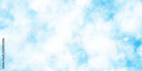 Abstract hand paint square stain watercolor background, watercolor abstract texture with white clouds and blue sky, abstract painted white clouds with pastel blue cloudy sky texture.