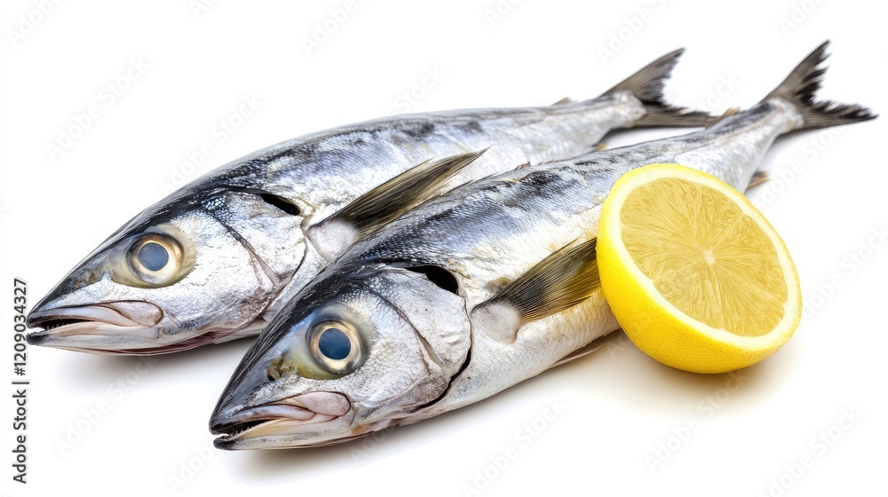 Fresh Kingfish Steaks with Bright Yellow Lemon Slice on White Background for Seafood Culinary Presentation Fresh Kingfish Steaks with Bright Yellow Lemon Slice on White Background for Seafood Culinary Presentation