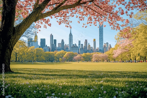 Vibrant green lawn in Central Park with blooming cherry blossoms, Manhattan skyline in the background, clear day, nature and city blend.