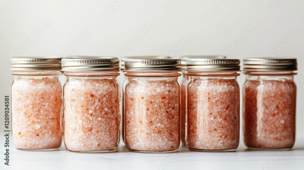 Raw Pink Himalayan Rock Salt in Glass Jars on White Surface with Natural Light Showing Textured Crystals and Metallic Lids Raw Pink Himalayan Rock Salt in Glass Jars on White Surface with Natural Light Showing Textured Crystals and Metallic Lids