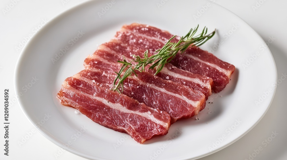 Raw bacon strips arranged elegantly on a white plate with fresh rosemary on top, set against a clean white background. Raw bacon strips arranged elegantly on a white plate with fresh rosemary on top, set against a clean white background.