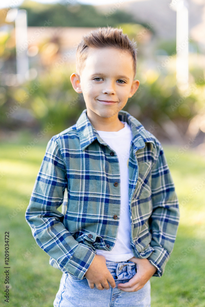 A cheerful boy poses joyfully in his stylish plaid jacket and trendy jeans, embodying a carefree spirit in a sunny outdoor setting filled with vibrant greenery and natures beauty A cheerful boy poses joyfully in his stylish plaid jacket and trendy jeans, embodying a carefree spirit in a sunny outdoor setting filled with vibrant greenery and natures beauty