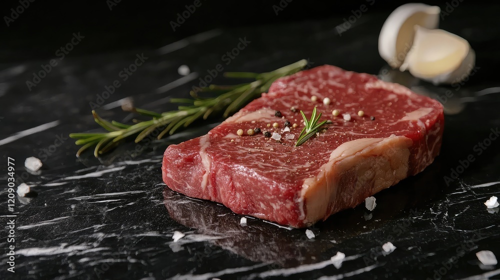 Raw beef steak accompanied by garlic and fresh rosemary on a dark black marble surface ready for gourmet cooking preparation. Raw beef steak accompanied by garlic and fresh rosemary on a dark black marble surface ready for gourmet cooking preparation.