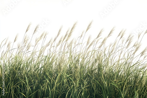 A realistic 3D rendering of tall grass swaying back and forth in the wind, with transparency for easy layering over backgrounds.