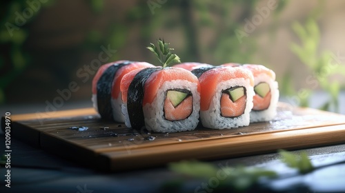 Freshly prepared sushi rolls displayed on a wooden board with natural greenery background showcasing vibrant colors and textures. photo