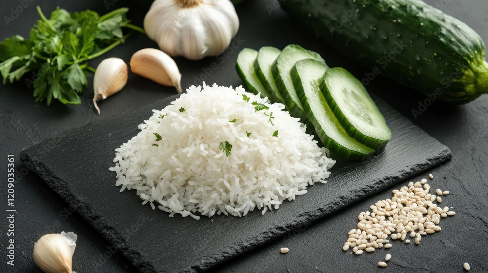 A vibrant and fresh composition of vegetables, including rice, cucumber, and garlic, surrounding a black slate board. A vibrant and fresh composition of vegetables, including rice, cucumber, and garlic, surrounding a black slate board.