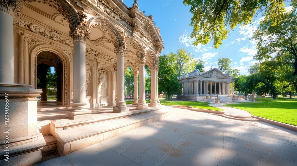 Obraz premium A historic building with ornate architecture, featuring intricate stone carvings and large columns.