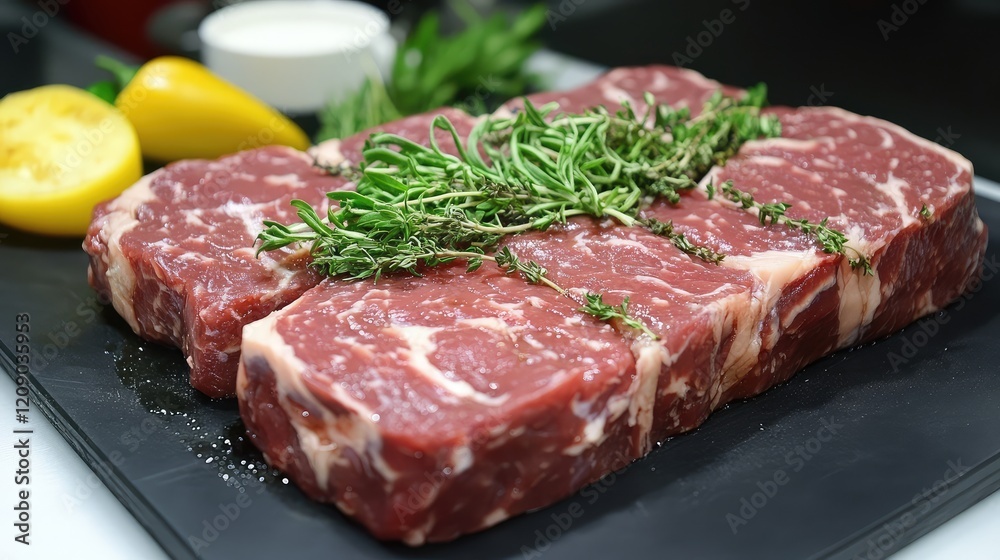 Raw Red Steaks on Black Slate Platter Surrounded by Fresh Green Herbs and Bright Citrus Fruits in Well-Lit Kitchen Setting Raw Red Steaks on Black Slate Platter Surrounded by Fresh Green Herbs and Bright Citrus Fruits in Well-Lit Kitchen Setting