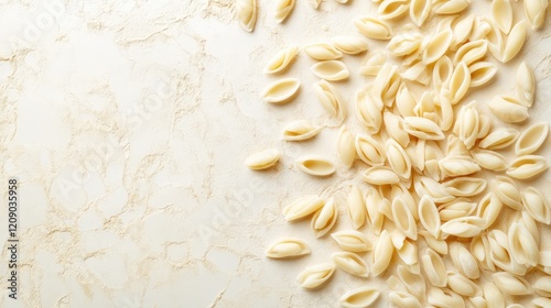 Uncooked cavatelli pasta scattered on a light textured surface with soft natural lighting accentuating the pasta's shape. photo