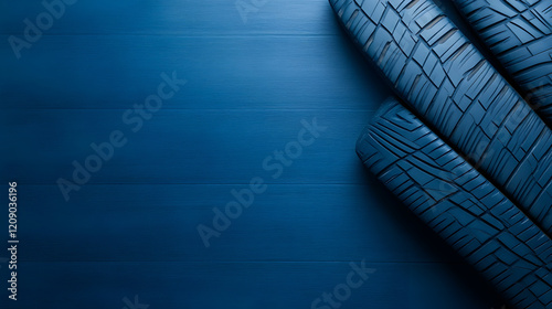 In this image, you can see traces left behind by tires against a blue background