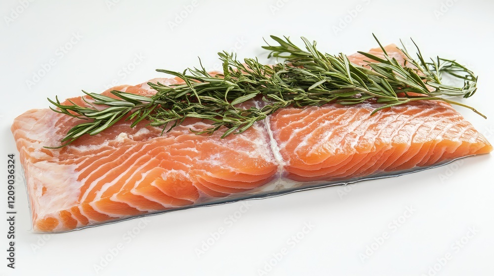 Fresh Raw Salmon Belly Fillet Garnished with Green Rosemary Sprigs on White Background Professional Food Photography Fresh Raw Salmon Belly Fillet Garnished with Green Rosemary Sprigs on White Background Professional Food Photography