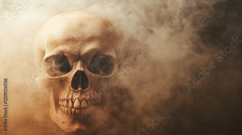 Realistic human skull surrounded by ethereal fog creating a hauntingly atmospheric scene perfect for spooky horror themes photo