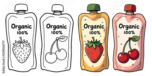Food Pouches Line Art Vector Illustration Black and White with Coloring Sample. Bold and Easy Food, Fruits, Sweets, Drinks, Dessert, and Snacks Coloring Pages for Adults and Kids