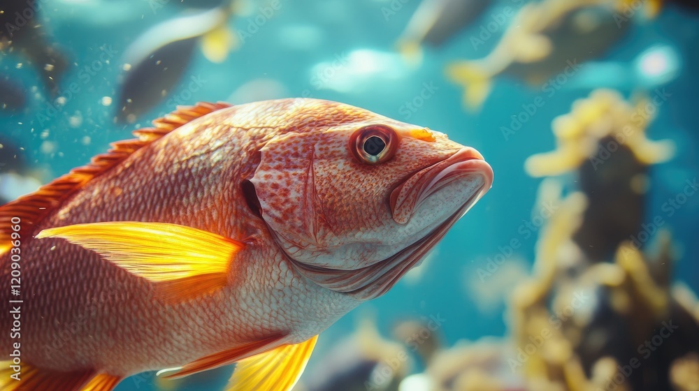 Vibrant underwater scene featuring a close-up of a red snapper amidst a colorful marine environment Vibrant underwater scene featuring a close-up of a red snapper amidst a colorful marine environment