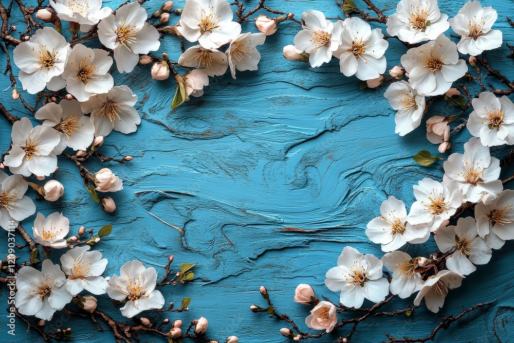 Fototapeta premium Light blue wooden surface with white cherry blossoms, pastel flat lay composition, copy space for creative design, floral decor, spring mood.
