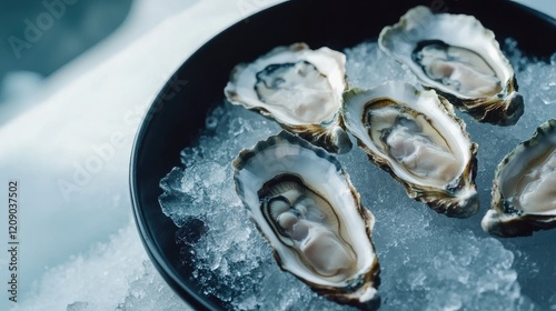 Freshly shucked oysters served on ice with a rich seafood sauce for an elegant dining experience photo