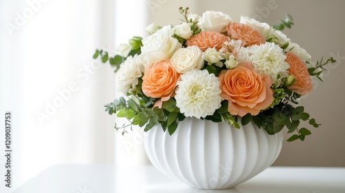 Elegant Floral Arrangement of Peach and White Roses in Modern White Vase on Soft Background