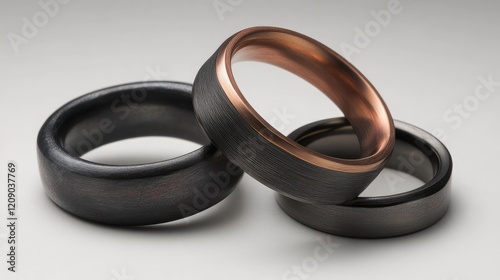 Black titanium, copper, and molybdenum rings with a dark metallic finish arranged artistically on a soft gray surface showcasing fine details and textures.