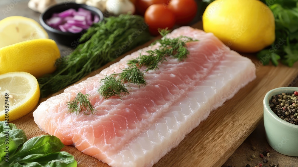 Fresh raw fish fillet garnished with dill on a wooden cutting board surrounded by vibrant lemon slices, colorful vegetables, and aromatic herbs Fresh raw fish fillet garnished with dill on a wooden cutting board surrounded by vibrant lemon slices, colorful vegetables, and aromatic herbs