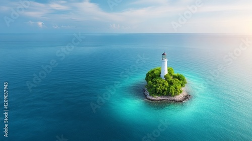 Serene Coastal Landscape Featuring a Towering Lighthouse on a Small Island Surrounded by Tranquil Blue Waters and Lush Green Vegetation Under a Clear Sky
