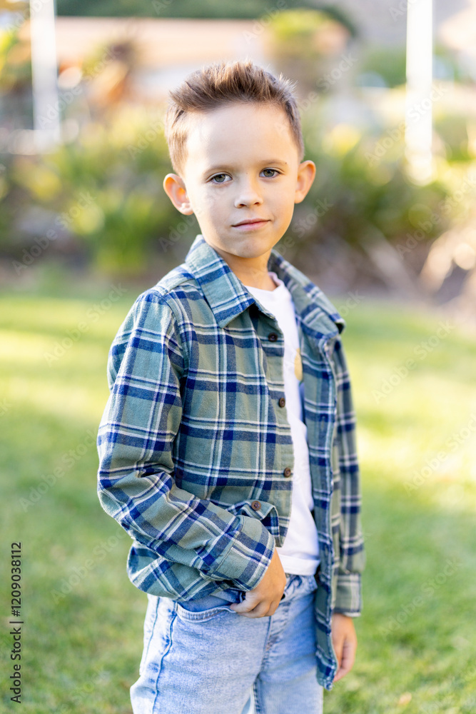A confident young boy stands outdoors in a stylish plaid jacket, proudly showcasing a casual yet trendy sense of fashion that is perfect for all childrens clothing and fashion needs A confident young boy stands outdoors in a stylish plaid jacket, proudly showcasing a casual yet trendy sense of fashion that is perfect for all childrens clothing and fashion needs