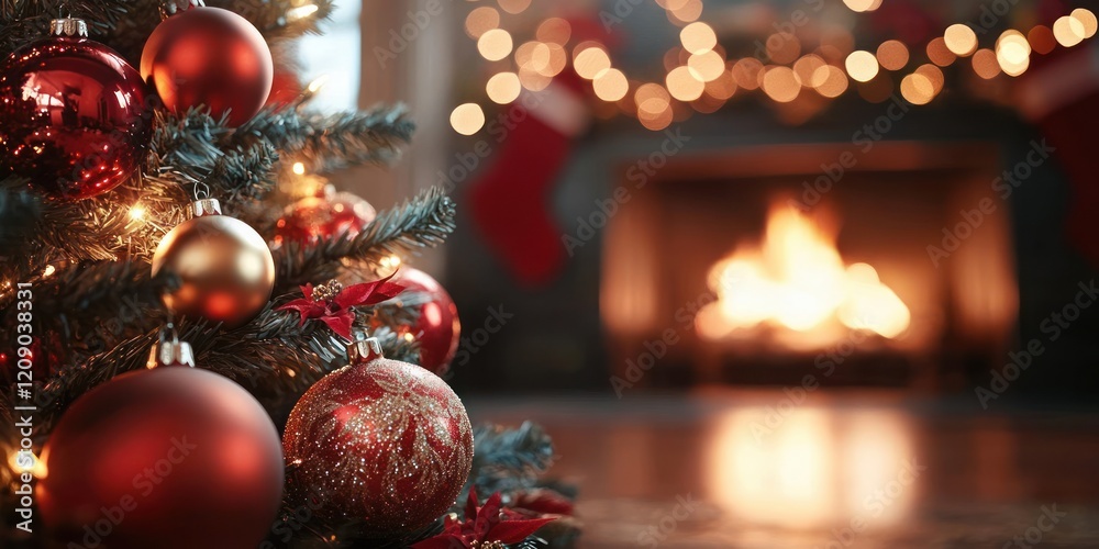 Fototapeta premium Christmas Tree with Warm Fireplace Background Cozy Home Decor Festive Celebration