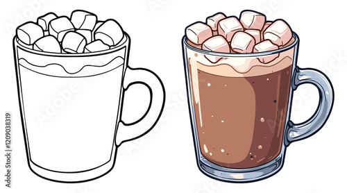 Hot Chocolate with Marshmallows Line Art Vector Illustration Black and White with Coloring Sample. Bold and Easy Food, Fruits, Sweets, Drinks, Dessert, and Snacks Coloring Pages for Adults and Kids