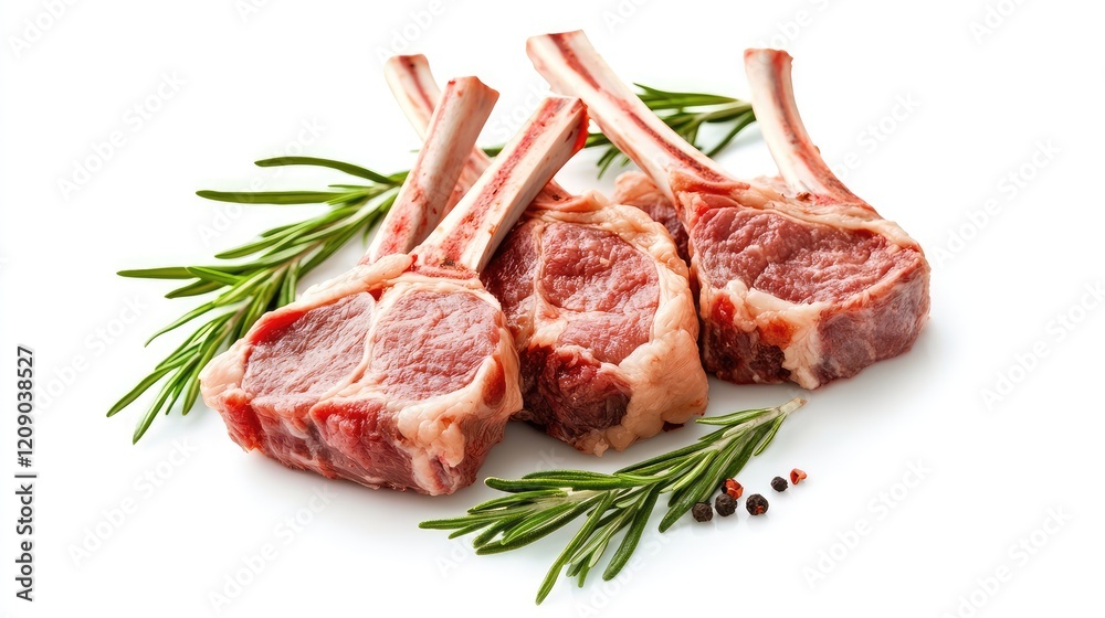 Three Raw Lamb Ribs with Fresh Rosemary Herbs and Peppercorns on White Background, Isolated for Culinary Presentation Three Raw Lamb Ribs with Fresh Rosemary Herbs and Peppercorns on White Background, Isolated for Culinary Presentation