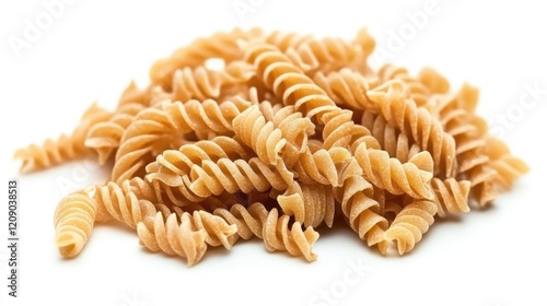 Raw whole grain fusilli pasta arranged on a white background for culinary and food photography purposes.