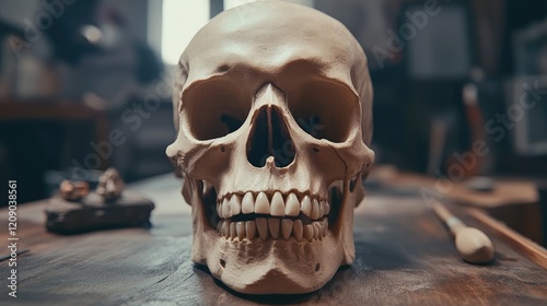 Realistic human skull model with detailed teeth displayed on wooden table against black background representing science and horror themes photo