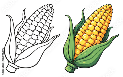 Corn Line Art Vector Illustration Black and White with Coloring Sample. Bold and Easy Food, Fruits, Sweets, Drinks, Dessert, and Snacks Coloring Pages for Adults and Kids
