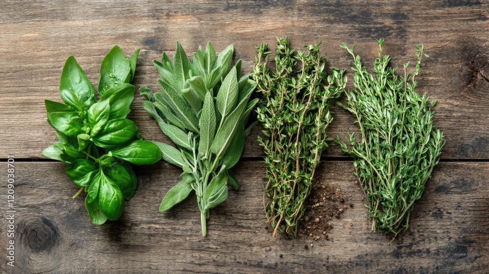 Fresh herbs variety on wooden background ideal for culinary concepts and recipe creation with emphasis on natural ingredients and flavors Fresh herbs variety on wooden background ideal for culinary concepts and recipe creation with emphasis on natural ingredients and flavors