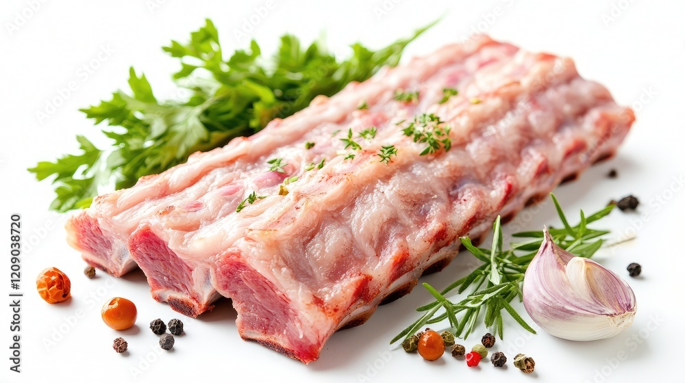 Fresh Pork Ribs with Garlic and Herbs on White Surface, Featuring Green Cilantro and Colorful Peppercorns Fresh Pork Ribs with Garlic and Herbs on White Surface, Featuring Green Cilantro and Colorful Peppercorns