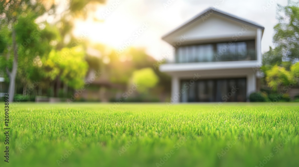 Blurred Background of Modern Residential House with Green Lawn in Soft Evening Light Focused on Foreground Grass Blurred Background of Modern Residential House with Green Lawn in Soft Evening Light Focused on Foreground Grass