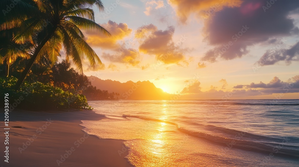 Scenic beach sunset with golden light reflecting on water, silhouetted palm trees, and mountains in background, vibrant colors, tranquil seaside view. Scenic beach sunset with golden light reflecting on water, silhouetted palm trees, and mountains in background, vibrant colors, tranquil seaside view.