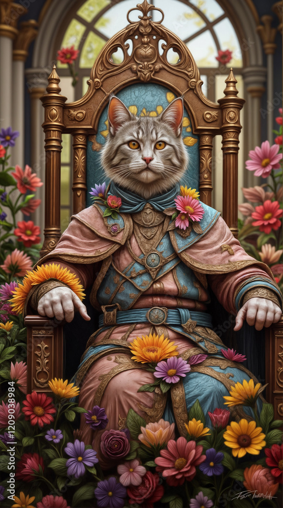 Obraz premium cat king and flowers