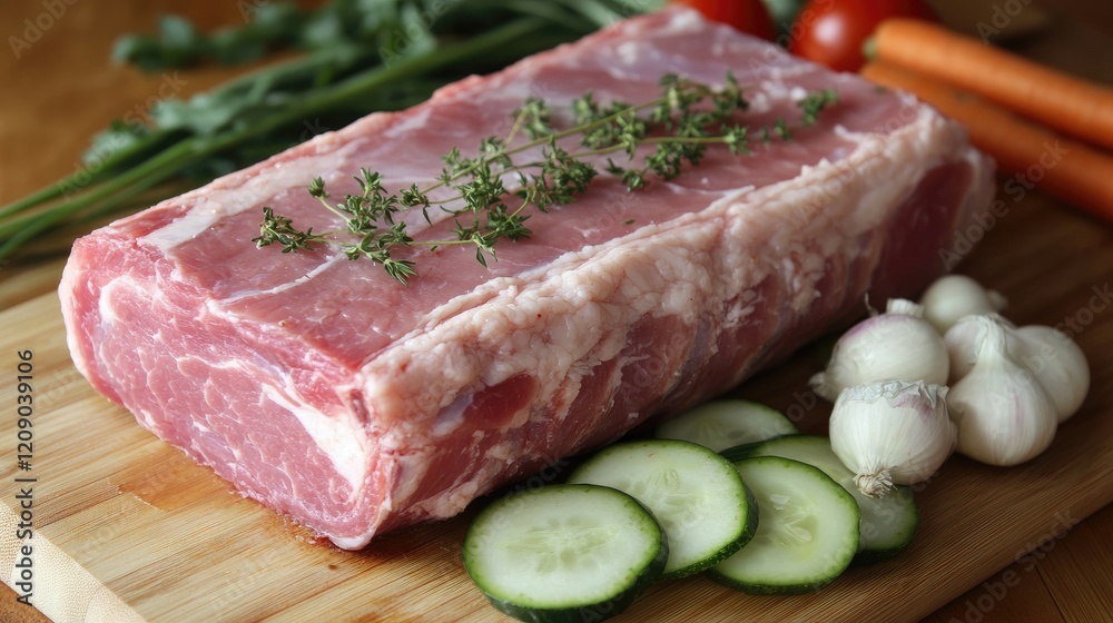 Fresh raw pork loin with herbs and assorted vegetables on a wooden cutting board in a cozy kitchen setting Fresh raw pork loin with herbs and assorted vegetables on a wooden cutting board in a cozy kitchen setting