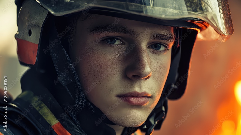 Young firefighter in protective gear and helmet facing the camera, with flames in the background, captured in dramatic lighting and colors. Young firefighter in protective gear and helmet facing the camera, with flames in the background, captured in dramatic lighting and colors.