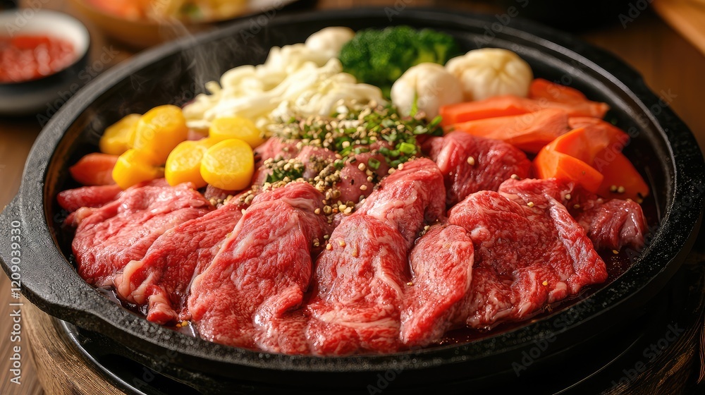 Sizzling raw beef slices with vibrant yellow egg yolks and fresh vegetables arranged in a rustic iron skillet on a dark wooden table Sizzling raw beef slices with vibrant yellow egg yolks and fresh vegetables arranged in a rustic iron skillet on a dark wooden table