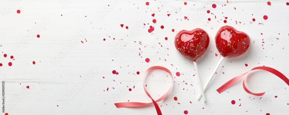 Sweet Valentine's Day Treats: Red Heart-Shaped Cake Pops on White Wooden Background Sweet Valentine's Day Treats: Red Heart-Shaped Cake Pops on White Wooden Background