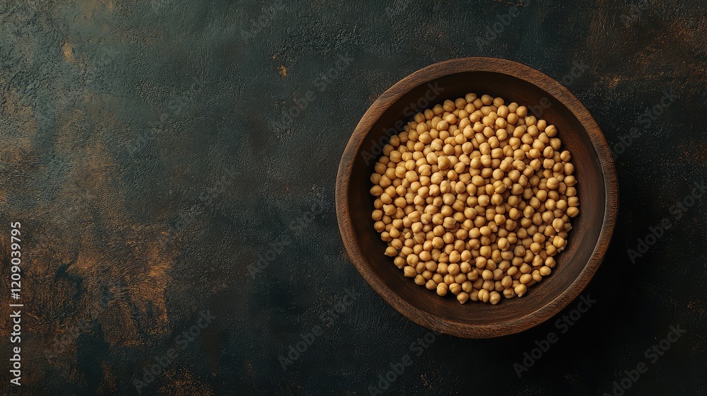 Top View of Raw Chickpeas in Wooden Bowl on Dark Textured Background with Earthy Tones and Natural Lighting Top View of Raw Chickpeas in Wooden Bowl on Dark Textured Background with Earthy Tones and Natural Lighting
