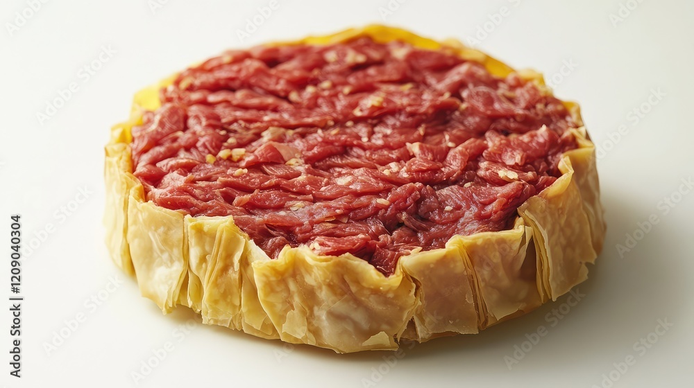 Raw beef puff pastry pie in a circular shape on a clean white background showcasing rich red meat and golden pastry layers for culinary concept. Raw beef puff pastry pie in a circular shape on a clean white background showcasing rich red meat and golden pastry layers for culinary concept.